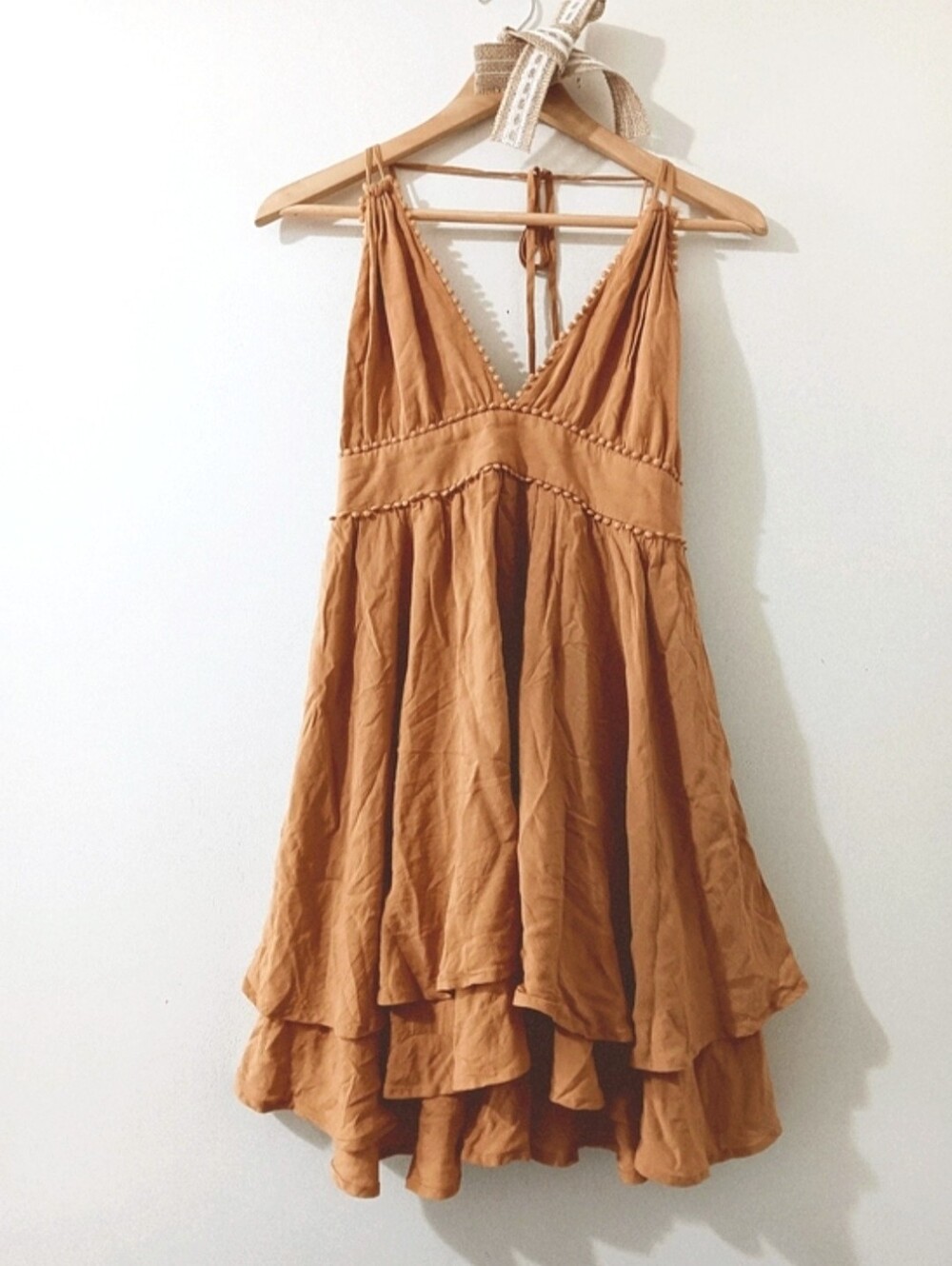 Mustard Seed Boho Western Golden Pom Trim Plunge Neck Ruffle Tiered Mini Dress